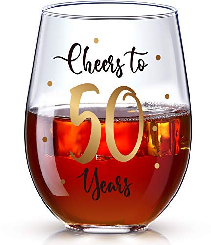 Bicchiere da Vino Senza Stelo per 50 ° Compleanno, Bicchiere da Vino d'Oro Cheers to 50 Years per Uomini Donne 50 ° di Compleanno Ufficio, Anniversario Matrimonio, 17 Once Senza Gambo