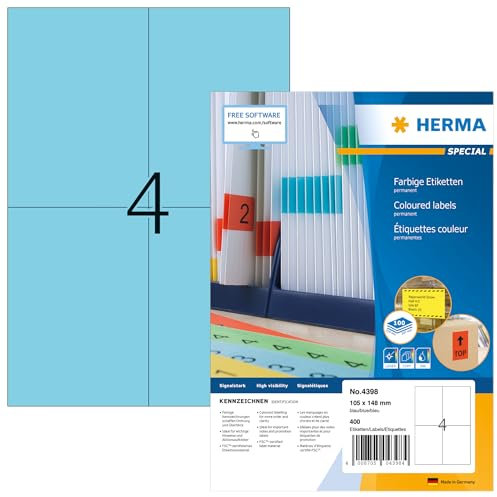 HERMA 4398 Farbige Etiketten blau, 1400 Blatt, 105 x 148 mm, 4 pro A4 Bogen, 5600 Stück, selbstklebend, bedruckbar, matt, blanko Papier Farbetiketten Aufkleber