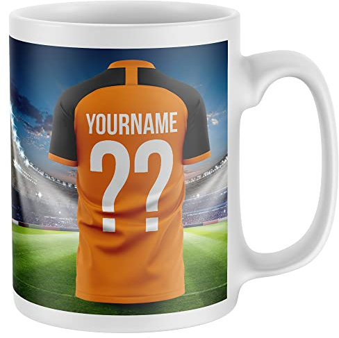 Personalised Supporters Mug, Football Kit Shirt Name and Number Coffee Cup, All Teams and Colours. Fan Birthday Gift Idea for Son, Daughter, Mum, Dad, One Size, Orange Black