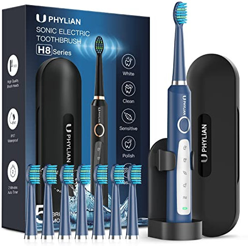 Elektrische Zahnbürste Schallzahnbürste für Erwachsene PHYLIAN Elektrische Schallzahnbürste mit Halter Reiseetui, Sonic Zahnbürsten Elektrisch mit 8 Zahnbürstenköpfe, 2 Minute Timer, 5 Modi, Blau