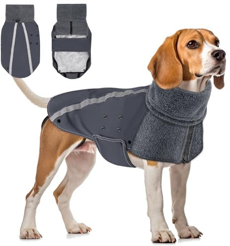 SlowTon Winter Hundemantel, Warm Polar Fleece Futter Hund Outdoor Jacke mit Rollkragen Schal Reflektierende Streifen Verstellbar Wasserdicht Winddicht Welpenweste Weiche Haustier Outfits