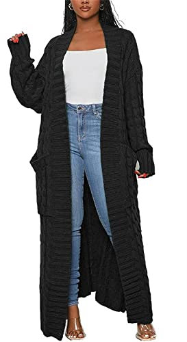 Long Sweaters for Women Cardigan Open Front Long Sleeve Plus Size Chunky Cable Knit Duster Cardigans with Pockets Winter Coat, Black, S