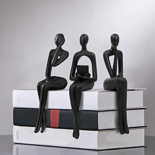 Masvan 3Pcs Home Decor Gold Thinker Statues Resin Sculpture Accents, Modern Abstract Ornaments Bookshelf Collectible Figurines, Shelf Decorations for Living Room Office Table Dining Desk,Black