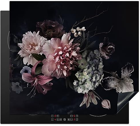 MuchoWow Herdabdeckplatte Ceranfeld Spritzschutz Küche Blumen - Vintage - Pastell - Rosa - Weiß 57.6x51.6 cm Induktionsherd Abdeckung Induktionskochfeld Ceranfeldabdeckung