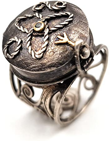 LeoLars-PABE Filigree Ring mit Geheimfach aus 925er Silber, Gr.60 (19), mit Chromdiopsid in Feingoldfassung und Feingold Rune, teilgeschwärzt, Runen, Unikat, Handarbeit