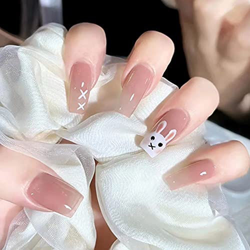 Carufin 24PCS Schöner Kaninchen Sarg Falscher Nagel Rosa Allmählicher Flash Nail Print Mittleres langes Ballett Künstliche Falsche Nägel für Frauen Mädchen (B)