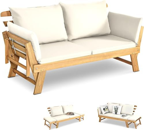 GOPLUS Sofá Cama de Jardín 2 Plazas, 3 en 1 Sofá Exterior Convertible en Tumbona y Cama Individual, Banco de Madera de Acacia con Cojines y Reposabrazos Ajustables, Terraza Patio Piscina (Blanco)