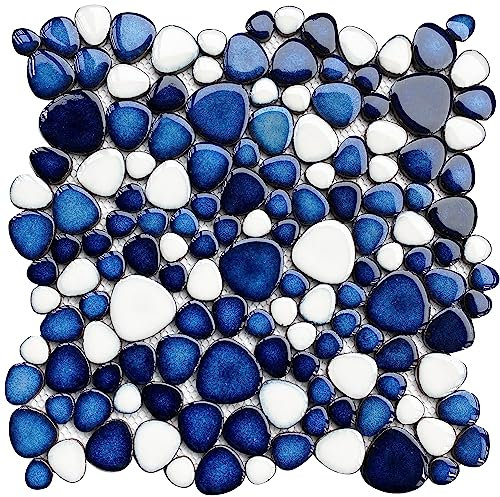 Primoon Interlocking Pebble Tiles 5 Sheets, Blue and White Mosaic Tiles Mesh Mounted, Decorative Flat Pebbles for Kitchen Bath Backsplash Shower Floor