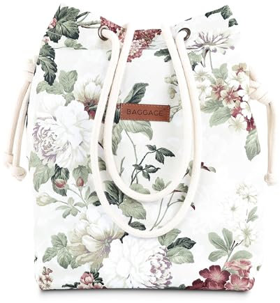 Amazinggirl Handtasche Beuteltasche Damen Tasche A4 oder A5 - Schultertasche Shopper Bag Stofftasche Stoffbeutel mit Innentasche Einkaufstasche Beutel als große Umhängetasche Blumen Beige