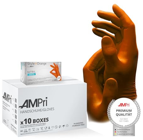 AMPri Nitrilhandschuhe, orange, 10 Box a 100 Stk, Größe L, puderfrei, Style orange by Med-Comfort: Nitril Einmalhandschuhe, Einweghandschuhe in den Größen XS, S, M, L, XL