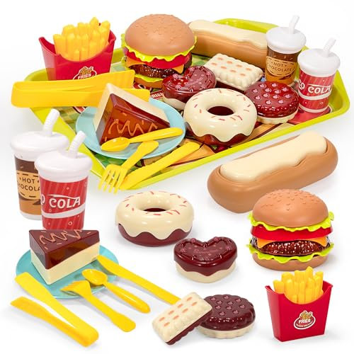 Kinderküche Spielküche Zubehör für Kinder, Küchen Spielzeug Fastfood Set Lebensmittel Rollenspiele, Hamburger Hotdog Fries Torten Desserts, Geschenk für Jungen und Mädchen ab 3 Jahre