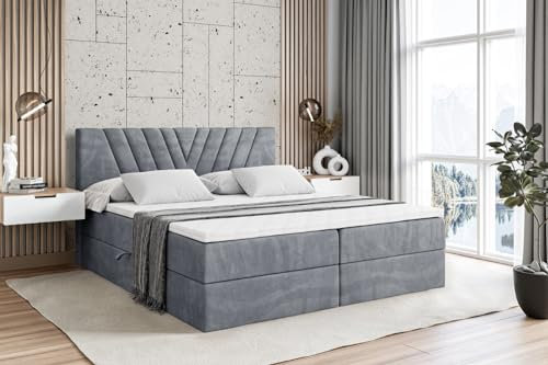 ALTDECOR Boxspringbett mit Matratze und Lattenrost, Boxbett, Topper, Polsterbett mit Bettkasten, Bett mit Stauraum H3-Matratze, Doppelbett, Springboxbett - ERNINA - 180x200 - Grau Samt