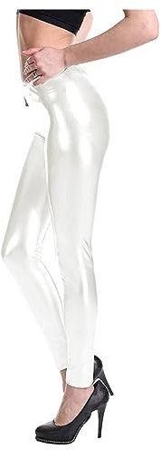 Carnavalife Damen-Leggings, lang, glänzend, elastisch, stylish, Metallic-Effekt, unisex, für Yoga und Fitnessstudio, Weiß, Lang (Long), S bis XXL