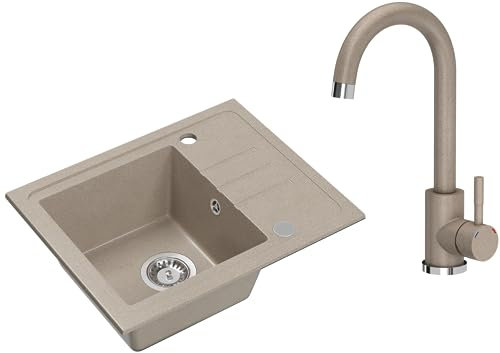 VBChome Granitspüle Beige mit Armatur, 55 x 44 cm, Einzelbecken Einbauspüle, Reversibel, Gesprenkelt, Komplettset mit Siphon und Beige Armatur – Top-Angebot für kleine Küchen