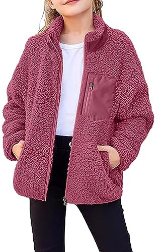 Unisex Kinder Fleece Jacke Sweatjacke Mantel Warme Kuschelige Flauschige Fleecejacke Plüschjacke mit Taschen Knopfleiste Herbst Winter Teddy Tops Winterjacke für 2-12Jahre Mädchen (04-Red, 3-4 Years)