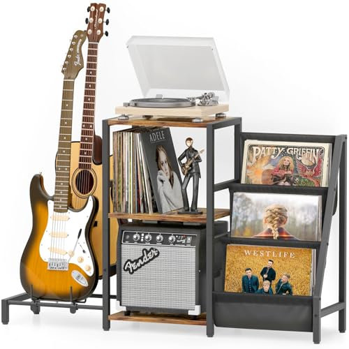 Bikoney Guitar Stand for Acoustic, Electric, Bass with Amp Stand - 3-Tier Vinyl Record Storage for Up to 200 Albums - Record Player Table for Player, Speaker, Amplifier