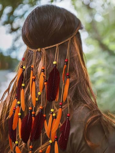 IYOU Bandeaux de Plumes Boho Serre-tête Hippie Orange Pompons Accessoires de Cheveux Inde Tsigane pour Femmes et Filles