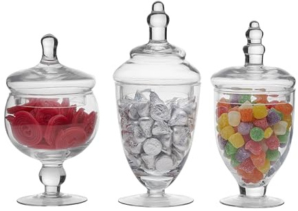 Elements Clear Glass Apothecary Jars with Lids, Set of 3 - Decorative Storage Jars for Home, Kitchen, Bathroom - 10, 9.5, 8.5 Inch Handcrafted Display Jar Set