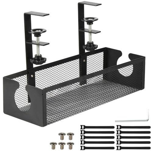 THYGIFTREE Under Desk Cable Management Tray,Cable Organisers Under Desk No Drill,Cable Tray with Clamp for Desk Wire Management,Cable Tidy Box Wire Organiser for Home,Office,Internet Cafe (Black)