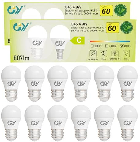 GY E27 LED Kaltweiss Lampe 4.9W 6500K 807 Lumen Kaltweiß Leuchtmittel,G45/P45 Energiesparlampe 60W lampe ersetzt,Nicht Dimmbar LED Birnen,12 stück