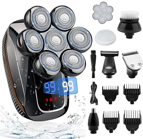 Rasierer Herren Elektrisch, 7 in 1 Elektrorasierer Herren mit 7 Rotierende Scherköpfe, IPX7 Wasserdichter Kopfrasierer, Elektrischer Rasierer Herren Bart Nasenhaar Trimmer Pflege Kit