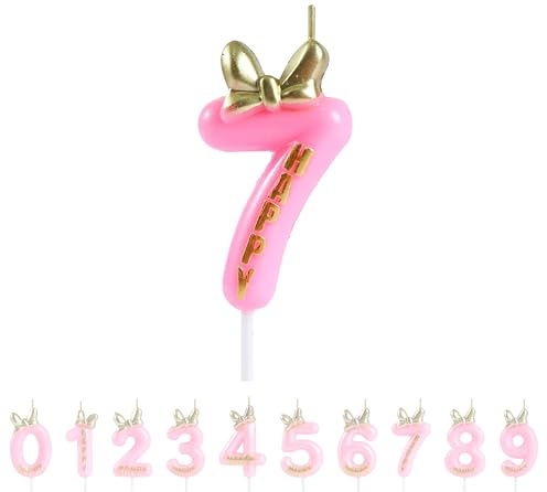 EAKE Kerze zum 7. Geburtstag mit rosa Schleife, Fliege und metallisch-goldener Kerze in Zahl 7, für Happy 7th Birthday, Maus-Thema, Kuchendekoration, Partyzubehör, Dekorationen (11,9 cm)