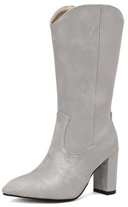 EVERKPI Stivali Lunghi in Pelle Scamosciata con Punta A V da Donna, Stivali Alti con Tacco A Blocco E Cerniera Laterale alla Moda for Feste, Shopping O Uso Quotidiano(Gray,42 EU)