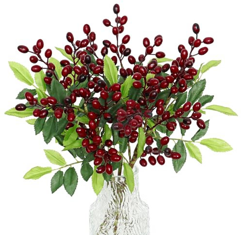 SOMYTING 5 Pack Artificial Olive Branches Faux Branches Fake Olive Plants with Fruits Faux Stems for Vase Bouquets Wedding Floral Arrangement Greenery Decor (Red Olive)