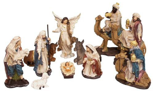 VILLAGE GIFT IMPORTERS 11-teiliges Krippen-Set für den Innenbereich, Heilige Familie mit drei Königen auf Kamelen, einem Schäferhund und Tieren, traditionelle christliche Feiertagsdekoration,