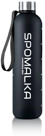 SPOMALKA Hochwertige Tritan Trinkflasche 1L BPA Frei - Auslaufsicher, Bruchsicher, Durchsichtig, Breite Öffnung, Leichtgewicht, Trageschlaufe, Trinkerinnerung, Volumenmarkierung & Motivation (Schwarz)