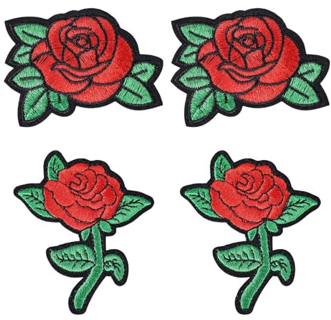 4pcs Rose Embroidered Patch, 2 Sizes Valentine's Day Iron on Patches Sweets Applique Patches for Sewing Flower Patches for Clothes DIY Crafts Decor for Jeans Jackets Bags Dress