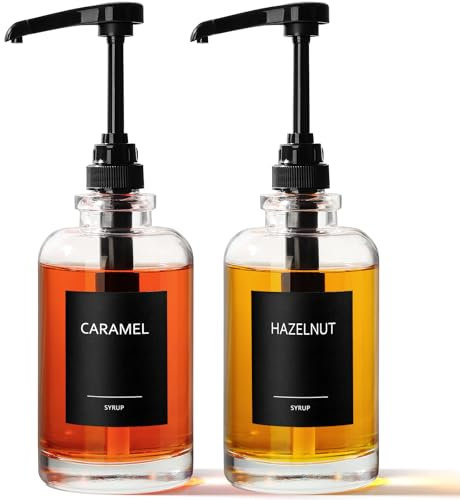MITINGKA Coffee Syrup Dispenser, 2 Pack 17 fl oz / 500 ml Glass Syrup Dispenser with Large Capacity Syrup Pump and 36pcs Label Stickers, Modern Coffee Station Accessories for Coffee Bar/Kitchen