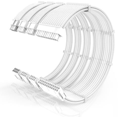 16AWG PSU Cable Extension Kit with Cable Combs,1x24pin ATX/1x8pin(4+4) EPS/2x8pin(6+2) PCIE Extension Cable,Cable Extension PC Sleeved Cables 30cm Length,Power Supply Extension Cable Kit(White)