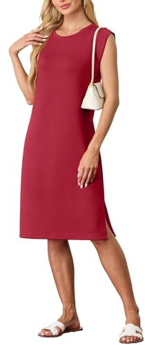 GRECERELLE Damen Sommer Midikleid lässiges Hemdkleid ärmellos mit Seitenschlitz & Taschen - Elegante Midi-Länge (Weinrot, L)