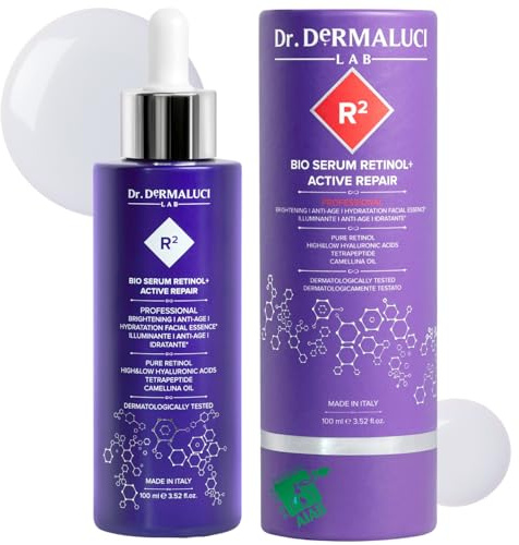 Gesichtsserum Reines Retinol 0,10% 100ML BIO | Anti-Falten, Straffend, Aufhellend | Hyaluronsäure & Peptide | Kamelien-, Oliven- & Kurkumaöl | Dermatologisch Getestet, Made in Italy