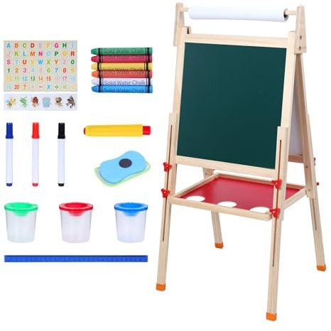 kamulouk Hölzerne Tafel Kinder, Staffelei Kinder MIT Papierrolle, Köhenverstellbare Magnetische Doppelseitge Staffelei, Kinderer Trockener Löschboard 1 Satz