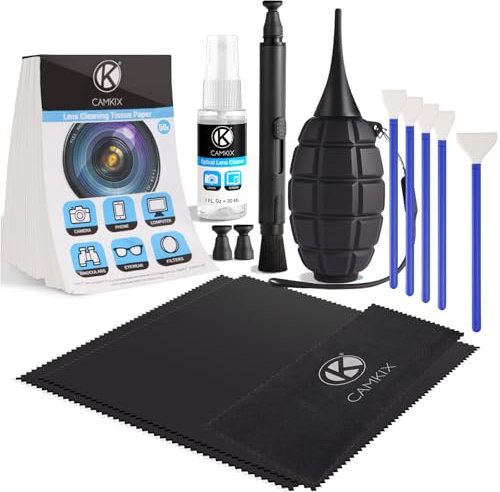 Camkix Kit de Nettoyage d'Objectif 14-en-1 – Souffleur d’air en Silicone Grand Format avancé, Stylo de Nettoyage 2-en-1, écouvillons secs, Papier de Nettoyage, Spray Optique pour lentilles de 30 ML