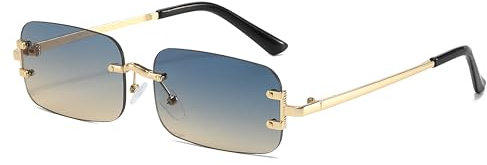 Hviomru Randlose Rechteck Sonnenbrille für Damen Herren Mode Trendy kleine schmale Rechteck Sonnenbrille Gold/Grün-Gelb