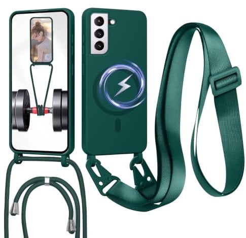 FERLAN Handykette mit Band für Samsung Galaxy S21 Hülle, Lanyard (abnehmbar) Handyhülle Case mit justierbarer Schnur Abnehmbar Strap, Crossbody Schutzhülle zum Umhängen Kordel, Dunkelgrün