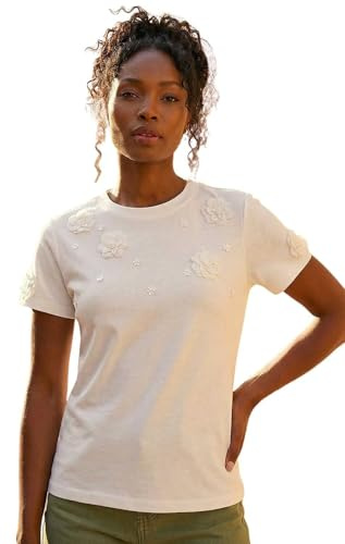 Roman Originals Floral Applique T-Shirt for Women UK - Ladies Everyday Holiday Spring Summer Round Neckline Comfy Soft Evening Vacation Work Party