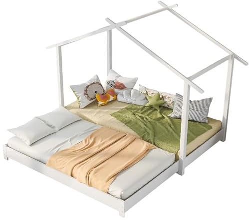 Goldicoo Montessori Hausbett 90X190 auf 180X190 - Kinderbett aus Holz mit Rausfallschutz und Lattenrost, Bodenbett mit Ausziehbarem Gästebett