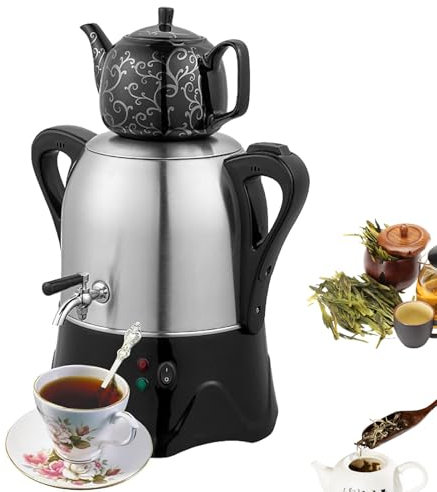 QINPI Théière Électrique Turque 2000 W, Théière en Acier Inoxydable 3 L, Théière en Céramique 1 L, Samovar Turc Électrique avec Fonction Maintien Au Chaud, pour Café, Thé Parfumé