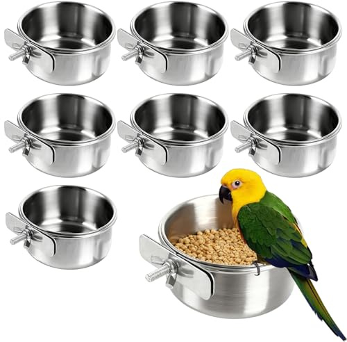 APACALI 8 Pack Crate Water Bowl 10 x 4.5cm, Stainless Steel Bird Cage Feeder, Detachable Water Bowl for Dog Crate, Bird Feeding Dish Cups for Small Animal, Silver