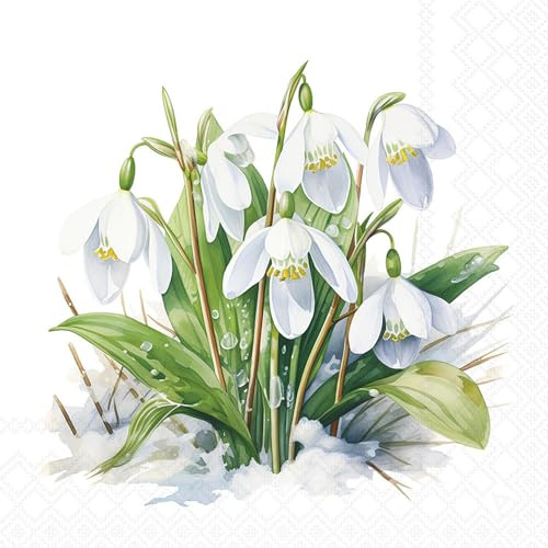 Ambiente Servietten Papier 33x33cm 3-lagig 20 Stück - hochwertig & nachhaltig - Einweg Papierservietten mit Schneeglöckchen Motiv - Dinnerparty Lunchservietten Frühling - florales Tischdeko