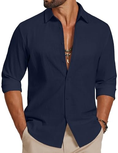 COOFANDY Chemise Homme Manches Longues 100% Coton Effet Lin Chemise Casual Légère et Respirante pour Plage Vacances Mariage et Rendez-Vous Bleu Marine L