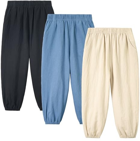 Miipat Pantalone Bambina, Set di 3 Pantaloni in Lino Cotone con Elastico Vita e Tasche Pantalone Harem Estivi ad Asciugatura Rapida Bambini e Bambine Anti Stechmücken