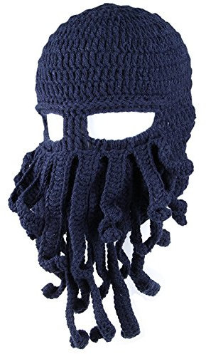 Kafeimali Herren Kopf Barbarian Vagabond Beanie Original Faltbarer Bart Octopus Piratenhut Bartmütze - Blau - Einheitsgröße