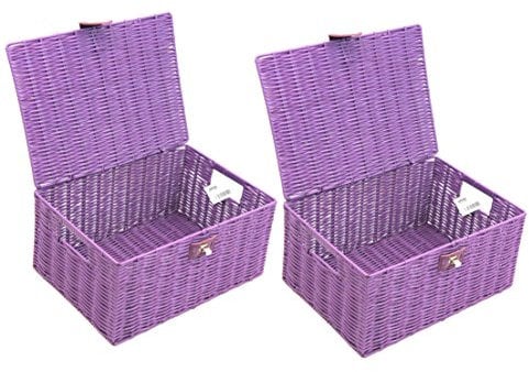 2 x Arpan Resin Woven Storage Hamper Basket Box With Lid & Lock (Purple - Medium)