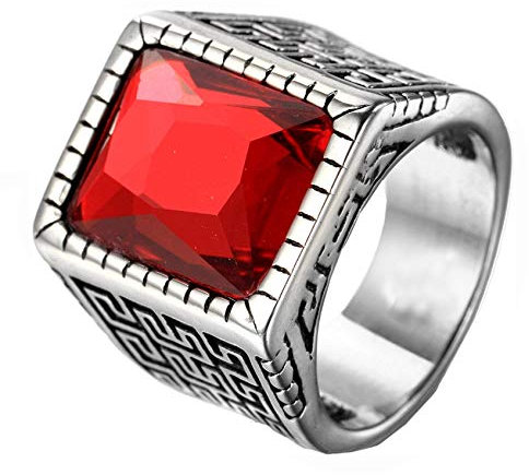 HIJONES Herren Silber Ton Graviert Edelstahl Ringe mit Juwel Stein Rot Größe 68