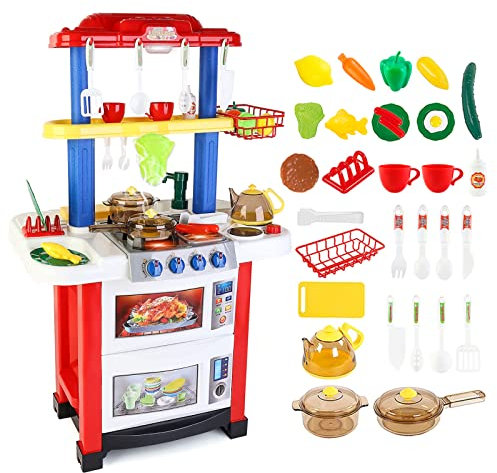 deAO Kitchen Playset Happy Little Chef Pretend Play for Toddlers with Lights, Sounds, Real Water Features and Accessories Included